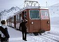 March 3, 1982 - Zermatt, Switzerland.<br />The electric train (the Gornergratbahn) arriving at Riffelberg.