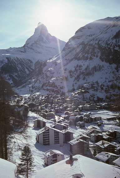 March 3, 1982 - Zermatt, Switzerland.<br />Zermatt bellow with the Matterhorn in back.
