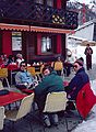 March 4, 1982 - Zermatt, Switzerland.<br />Dave, Dennis, and Oscar at a restaurant in Furi.
