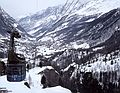 March 4, 1982 - Zermatt, Switzerland.<br />The Zermatt- Furi cable car arriving at Furi.
