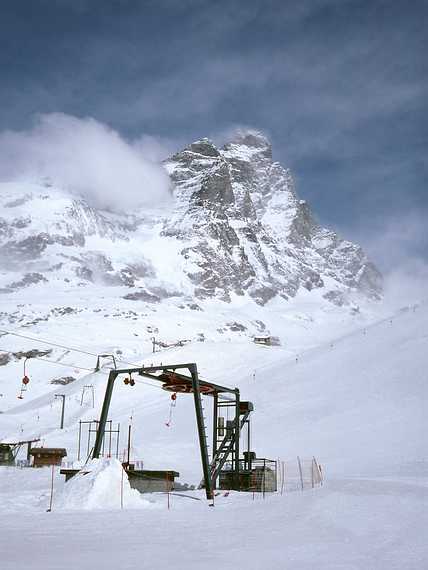 March 5, 1982 - Zermatt, Switzerland.<br />Cervinia (Matterhorn) and a T-bar end point on the Italian side.