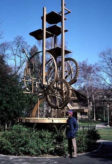 March 14, 1982 - Geneva, Switzerland.<br />Bill in front of a water-powered clock at the clock and watch museum.