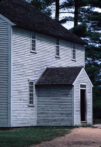 May 1, 1982 - Sturbridge Village, Massachusetts.<br />Friends Meetinghouse. Members of the Society of Friends were also called Quakers,<br />a minority in rural New England with a distinctive way of life.