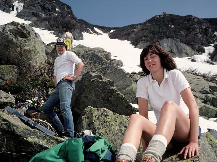 May 8, 1982 - Tuckerman Ravine on Mt. Washington, New Hampshire.<br />Mike and Leslie at lunch rocks in the ravine.