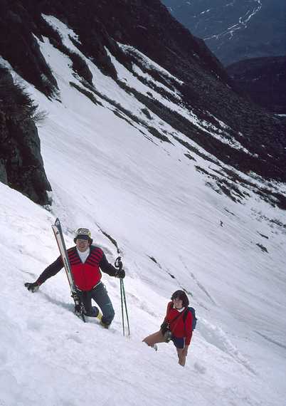 May 8, 1982 - Tuckerman Ravine on Mt. Washington, New Hampshire.<br />Mike and Leslie on the head wall of Tuckerman Ravine.