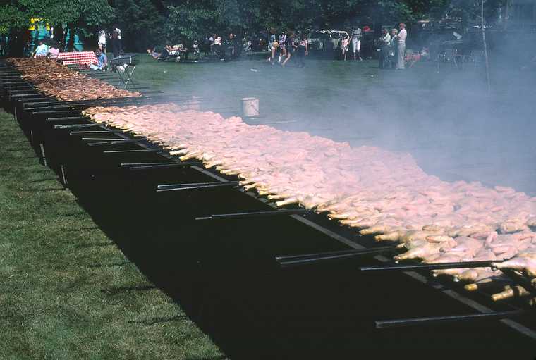 July 4, 1982 - North Andover, Massachusetts.<br />4th of July cookout on the old common.