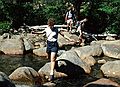 July 24, 1982 - Wildcat Ridge Trail, Pinkham Notch, New Hampshire.<br />Bell Labs Merrimack Valley Outing Club hike to Carter Notch AMC hut, NH.<br />Mary crossing the Ellis River with Susan and Richard in back.