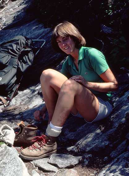 July 24, 1982 - Wildcat Ridge Trail, Pinkham Notch, New Hampshire.<br />Bell Labs Merrimack Valley Outing Club hike to Carter Notch AMC hut, NH.<br />Leslie taking care of her blisters.