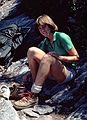 July 24, 1982 - Wildcat Ridge Trail, Pinkham Notch, New Hampshire.<br />Bell Labs Merrimack Valley Outing Club hike to Carter Notch AMC hut, NH.<br />Leslie taking care of her blisters.