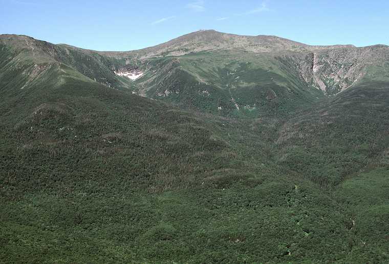 July 24, 1982 - Wildcat Ridge Trail, Pinkham Notch, New Hampshire.<br />Bell Labs Merrimack Valley Outing Club hike to Carter Notch AMC hut, NH.<br />View across Pinkham Notch to Mt. Washington with snow in Tuckerman's Ravine.
