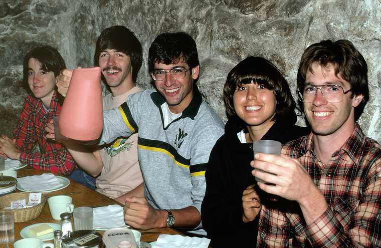 July 24, 1982 - Carter Notch, New Hampshire.<br />Bell Labs Merrimack Valley Outing Club hike to Carter Notch AMC hut.<br />At the dinner table: Leslie's sister Vicky, Kevin, Fred, Barb, and Chuck.