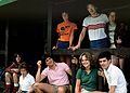 July 25, 1982 - Carter Notch, New Hampshire.<br />Bell Labs Merrimack Valley Outing Club hike to Carter Notch AMC hut, NH.<br />Vicki, Mary, Todd, Leslie, Susan, Robert & Marcy, and Richard on the porch of their dorm.