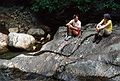 July 25, 1982 - Nineteen Mile Brook Trail, Carter Notch, New Hampshire.<br />Bell Labs Merrimack Valley Outing Club hike to Carter Notch AMC hut, NH.<br />Liz and Jackie sitting on a rock along the stream.
