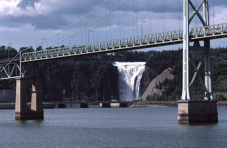 August 13, 1982 - Quebec City, Quebec, Canada.<br />View from a tour boat.<br />Montmorence River plunging 274' into the St. Lawrence.