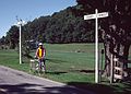 August 28, 1982 - Vermont Bicycle Touring trip out of Dorset, Vermont.<br />Al Buzzell between signs of the borders between Pawlet/Danby and Danby/Tinmout.