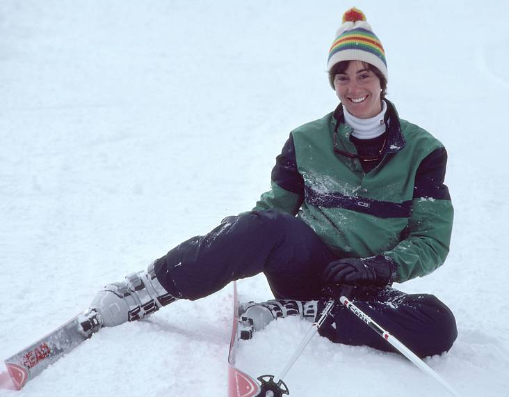 March 3, 1983 - Aspen, Colorado.<br />Our skis had been sharpened the night before by the same people who sharpened<br />the racers skis. It took us a while to get used to them as shown here by Leslie.