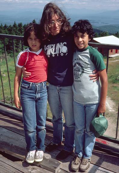 July 9, 1983 - Gunstock Ski Area, New Hampshire.<br />Melody, Joyce, and Eric atop the observation tower on top of Gunstock Mountain.