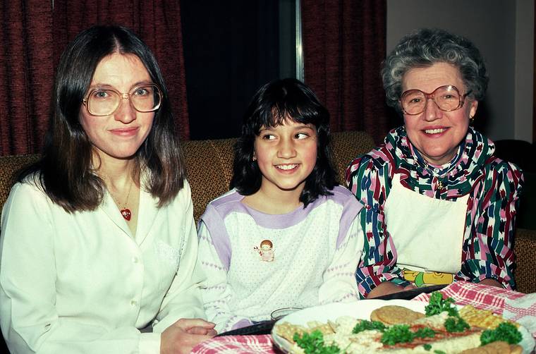 Dec. 25, 1983 - Christmas at Memere Marie's in Lawrence, Massachusetts.<br />Joyce, her daughter Melody, and Joyce's mother Marie.