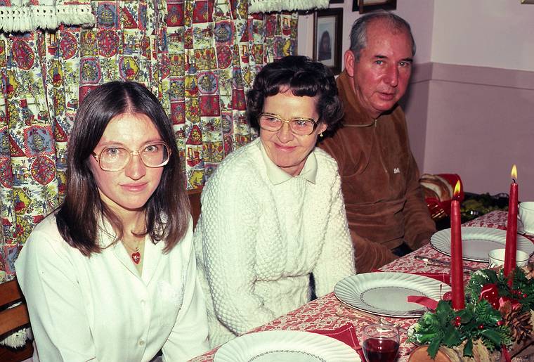 Dec. 25, 1983 - Christmas at Memere Marie's in Lawrence, Massachusetts.<br />Joyce and Henrietta and Ernie. Ernie is Marie's brother.