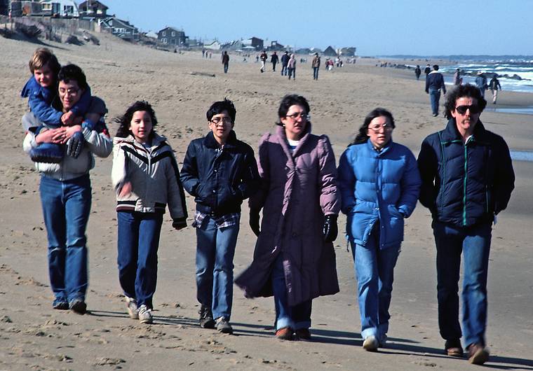 April 21, 1984 - Plum Island, Massachusetts.<br />Carl carrying Jeremy (Paul's son), Melody, Eric, Norma, Joyce, and Paul.