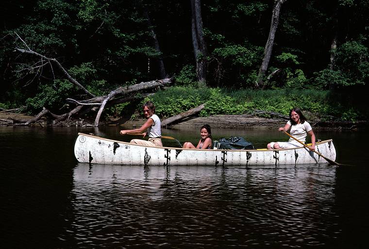 July 28, 1984 - On the Saco River downstream from Fryeburg, Maine<br />Baiba, Melody, and Joyce.