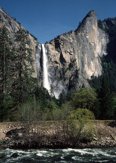May 10, 1984 - Yosemite Valley in Yosemite National Park. California.<br />Bridal Vail Falls and the Merced River.