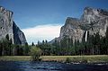 May 10, 1984 - Yosemite Valley in Yosemite National Park. California.<br />El Capitan, Cathedral Spires, Bridal Vail Falls, and the Merced River.