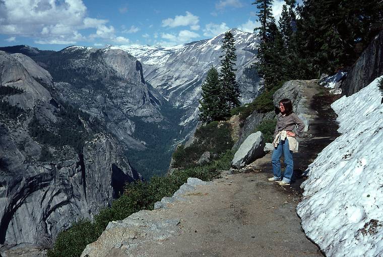 May 11, 1984 - Yosemite Valley in Yosemite National Park.<br />Joyce on 4 Mile Trail, Royal Arches, Tenaga (Teneya?) Creek Valley.