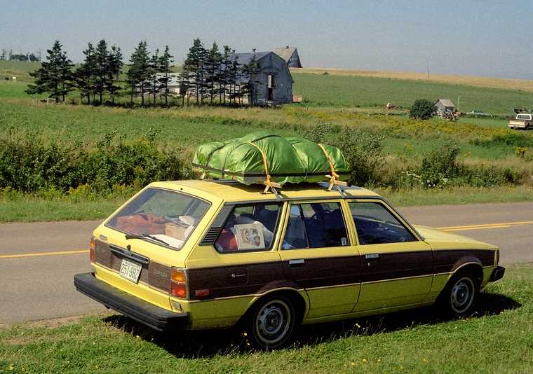 August 28, 1984 - Along Blue Heron Drive, north shore of Prince Edward Island, Canada.<br />All five of us and our camping gear for two weeks fit into Joyce's car.