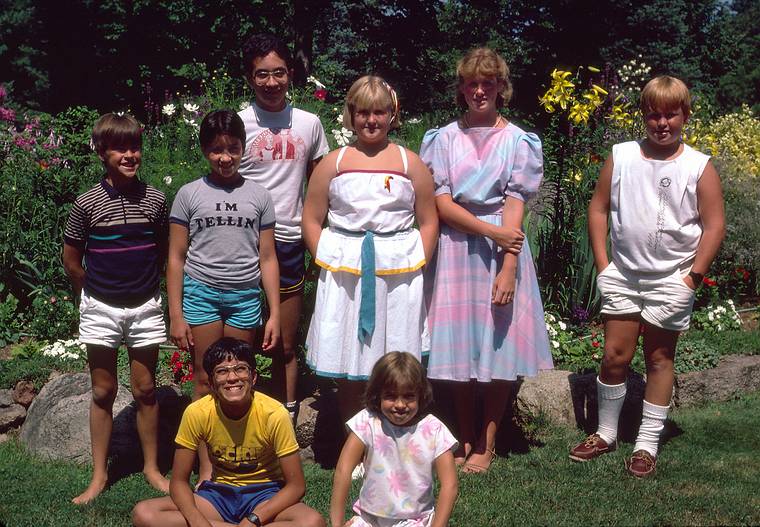 July 28, 1985 - Manchester by the Sea.<br />Uldis' birthday.<br />Eric and Tanya in front, Jeremy, Melody, Carl, Laila and Jimmy in back.