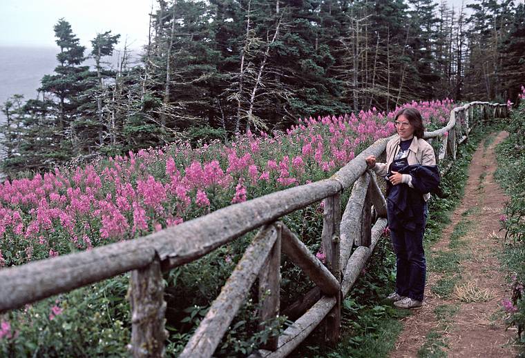 August 4-18, 1985 - Bonaventure Island off Perc, Quebec, Canada.<br />Joyce and fireweed.