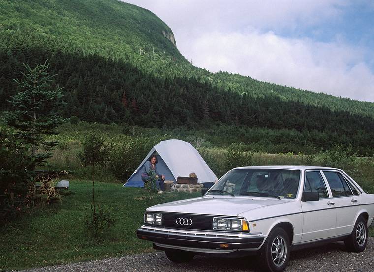 August 4-18, 1985 - , Gasp Peninsula, Quebec, Canada.<br />Forillon National Park.<br />Joyce in front of our tent.