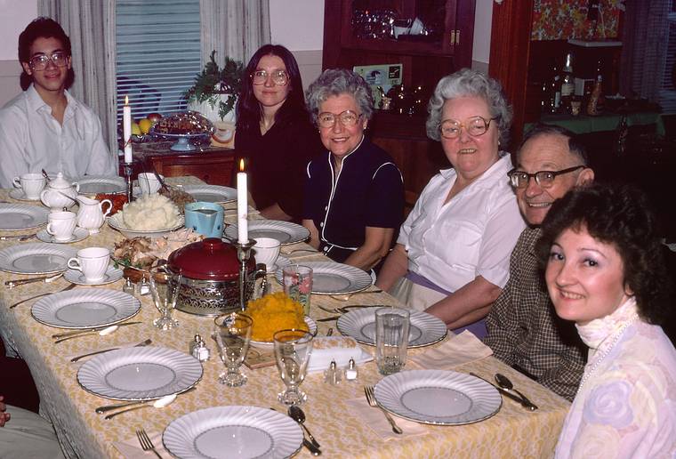 Nov. 27, 1986 - Thanksgiving at Marie's in Lawrence, Massachusetts.<br />Carl, Joyce, Marie and Aunt Fernande, Uncle Gerry, and their daughter Linda