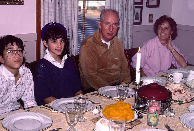 Nov. 27, 1986 - Thanksgiving at Marie's in Lawrence, Massachusetts.<br />Eric, Melody, Uncle Ernie and Aunt Retta.