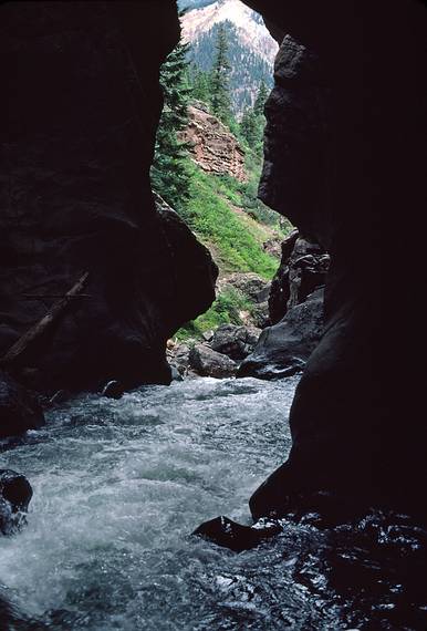 August 2, 1986 - Ouray, Colorado.<br />Looking out of the Box Canyon.