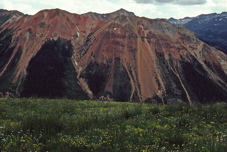 August 3, 1986 - Jeep ride in the mountains around Ouray, Colorado.<br />Red Mountains (1, 2, and 3) from CR-20, south of Ouray and east of US-550.