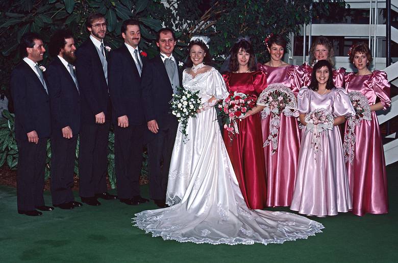 Feb. 14, 1987 - Rolling Green Inn, Andover, Massachusetts.<br />Tom and Kim's pre-wedding photo session.<br />Tom and Kim in front with the rest of wedding party (among them Paul, Lisa, and Melody).