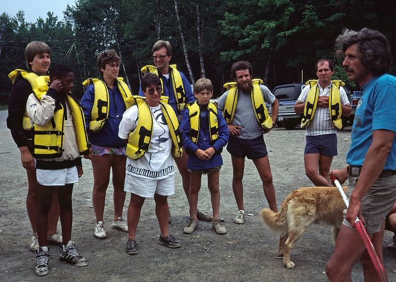 July 13, 1987 - The Forks, Maine.<br />White water rafting on the Kennebeck River with Crabapple.<br />Norma, Paul, and Tom listening to safety instructions from our guide.