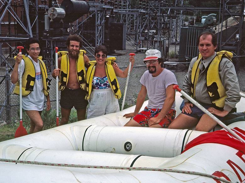 July 13, 1987 - The Forks, Maine.<br />White water rafting on the Kennebeck River with Crabapple.<br />Carl, Paul, Norma, our guide, and Tom.