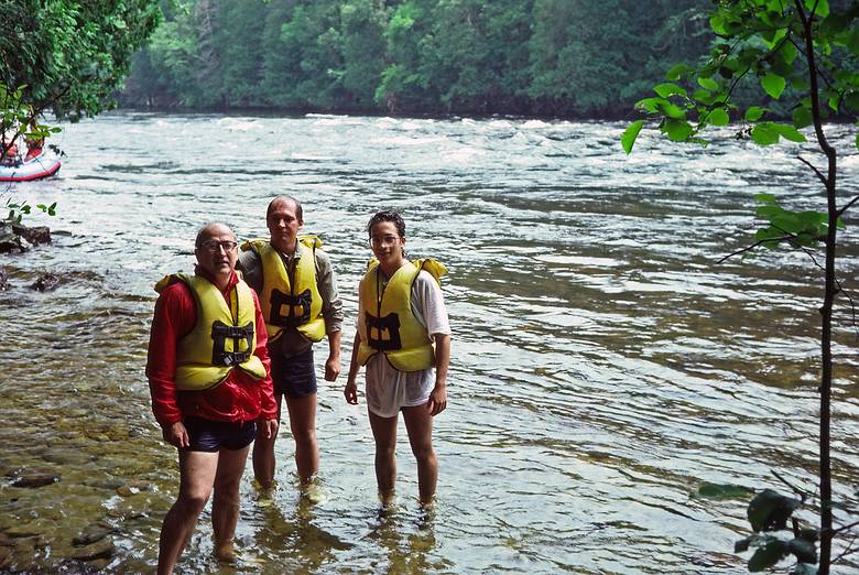 July 13, 1987 - The Forks, Maine.<br />White water rafting on the Kennebeck River with Crabapple.<br />Egils, Tom, and Carl in the Kennebeck River.