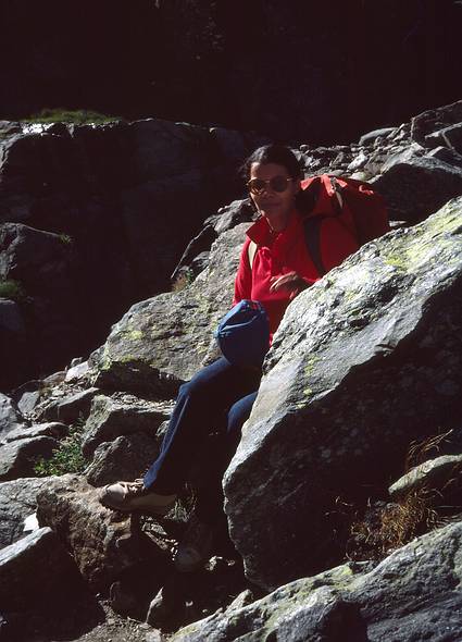 Sept. 6, 1987 - Mt. Washington area, New Hampshire.<br />Hike from Pinkham Notch to Lakes of the Clouds AMC hut.<br />Nancy on Tuckerman Ravine headwall.