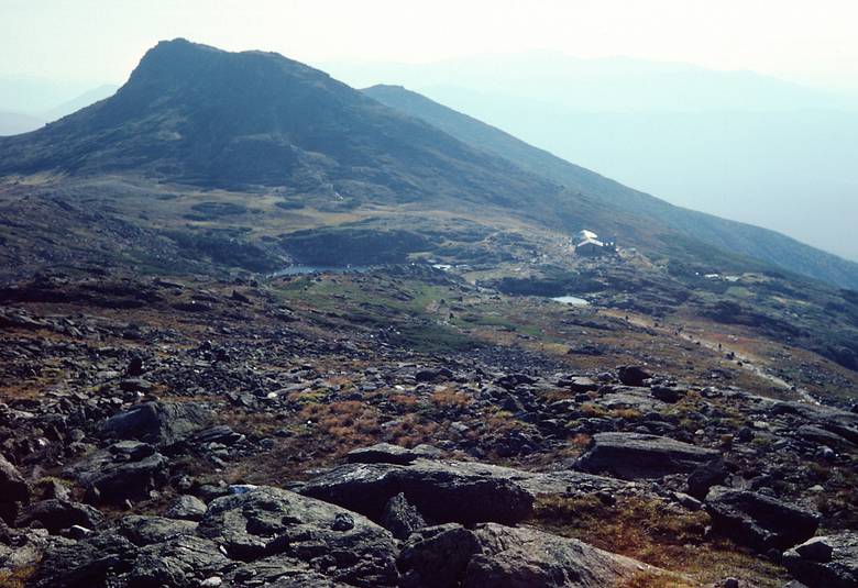 Sept. 6, 1987 - Mt. Washington area, New Hampshire.<br />Hike from Pinkham Notch to Lakes of the Clouds AMC hut.<br />View of Lakes of the Clouds AMC hut, Mt. Monroe, and Mt. Eisenhower.