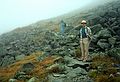 Sept. 7, 1987 - Mt. Washington area, New Hampshire.<br />Hike from Lakes of the Clouds AMC hut to Pinkham Notch via Mt. Washington.<br />Joyce and Juris on trail up Mt. Washington (in the fog).
