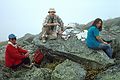 Sept. 7, 1987 - Mt. Washington area, New Hampshire.<br />Hike from Lakes of the Clouds AMC hut to Pinkham Notch via Mt. Washington.<br />Nancy, Juris, and Joyce having lunch at Glen Boulder.