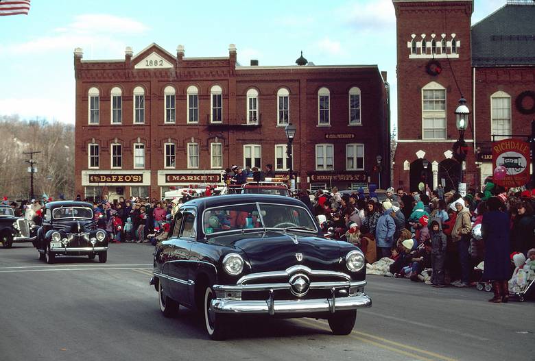 Dec. 5, 1987 - Merrimac, Massachusetts.<br />Santa Parade.<br />1949 (?) Ford with DeFeo's Market in the back.