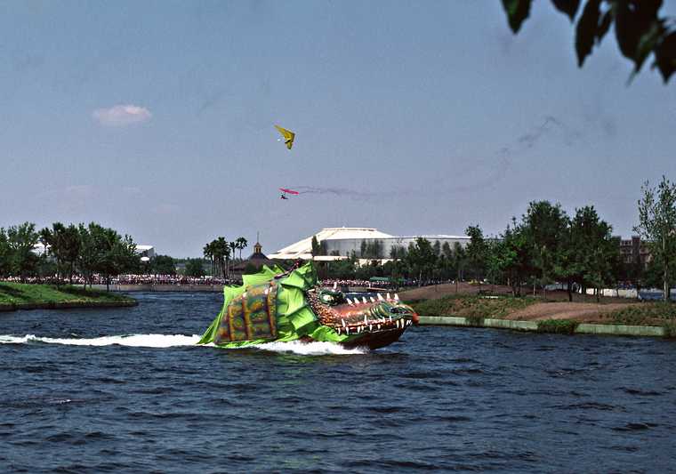 May 2, 1987 - Epcot Center at Walt Disney World in Orlando, Florida.<br />Speeding dragon boat and ultralight airplanes as part of a show.