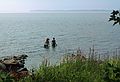 August 16-30, 1987 - Camping on Burton Island on Lake Champlain, Vermont.<br />Melody, Becky, and Eric going swimming off our camp site.