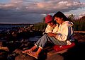 August 16-30, 1987 - Camping on Burton Island on Lake Champlain, Vermont.<br />Becky and Melody reading "A Tale of Two Cities".