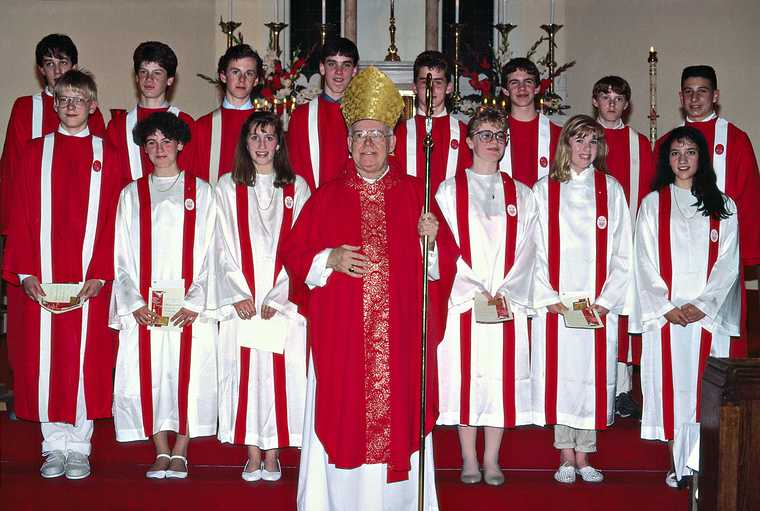 May 4, 1988 - Merrimac, Massachusetts.<br />Melody's confirmation.<br />The bishop with all the confirmands.