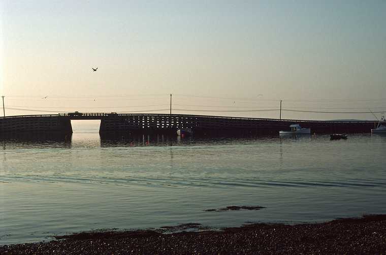July 2-15, 1988 - Bailey Island, Maine.<br />Cribstone bridge (no cement, water flows through it) connecting Orrs and Bailey Islands.